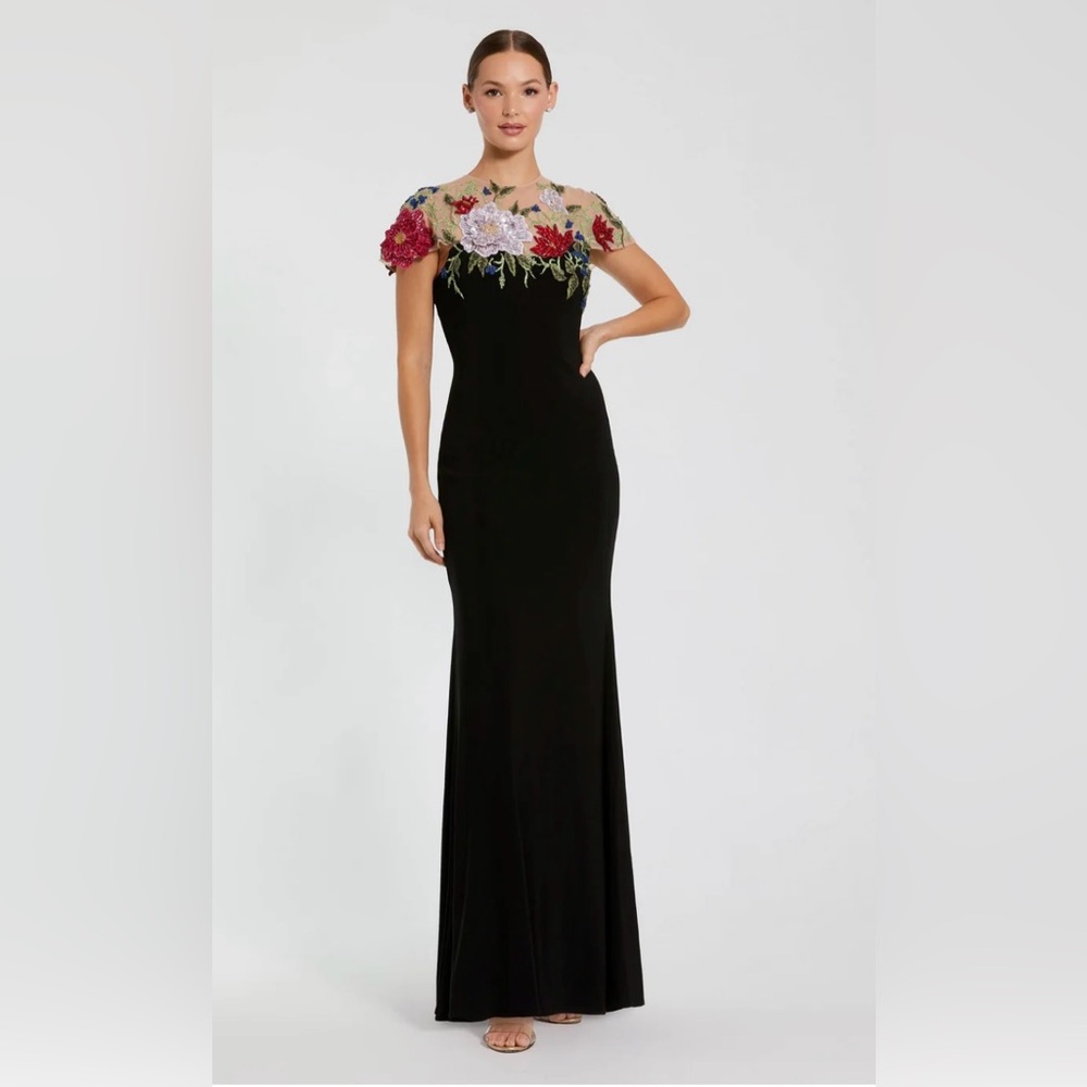 Floral Embellished Jersey Fitted Gown Size 14 Color Black Multi